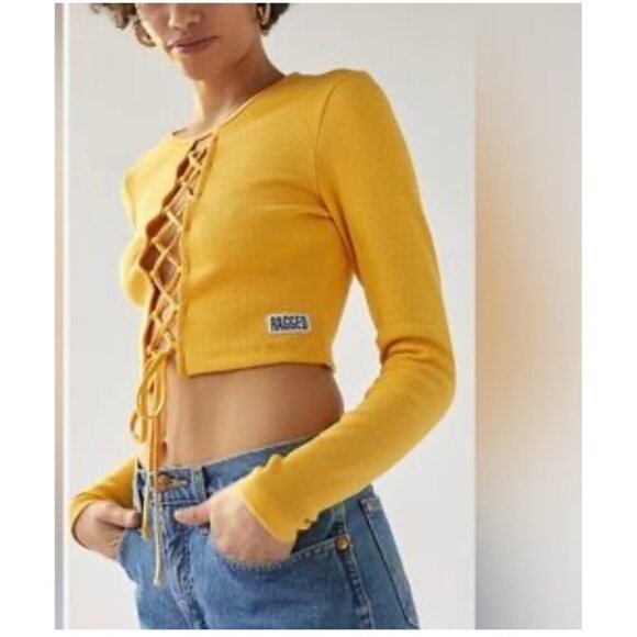 The Ragged Priest Mustard Yellow‎ Lace-Up Ribbed Long Sleeve Crop Top Size L - Picture 1 of 11